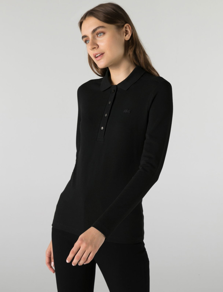 Lacoste Kadın Slim Fit Uzun Kollu Siyah Polo Lacoste Kadın Slim Fit Uzun Kollu Siyah Polo