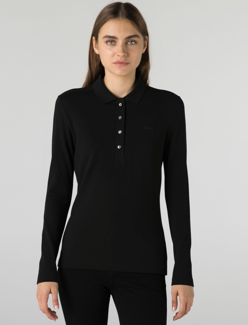 Lacoste Kadın Slim Fit Uzun Kollu Siyah Polo Lacoste Kadın Slim Fit Uzun Kollu Siyah Polo