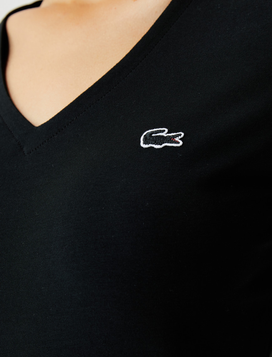 Lacoste Kadın Slim Fit V Yaka Siyah T-Shirt