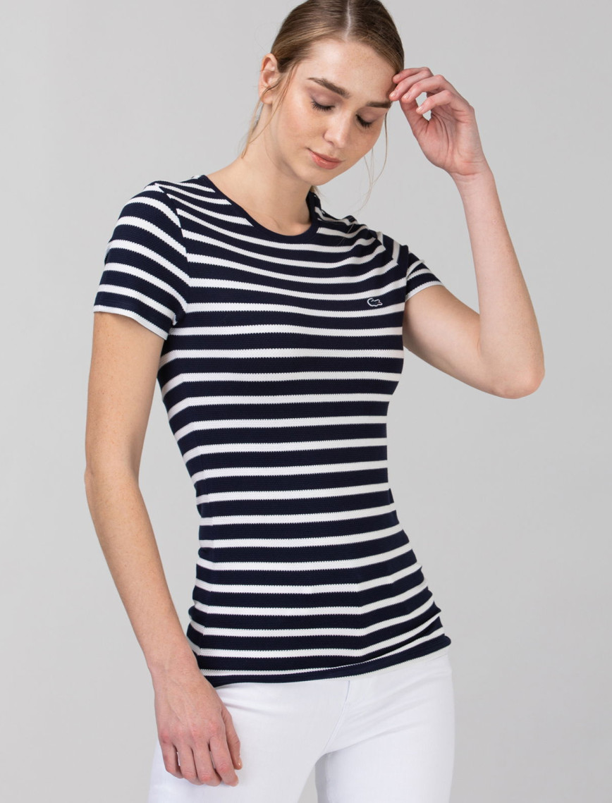 Lacoste Kadın Slim Fit Bisiklet Yaka Çizgili Lacivert T-Shirt