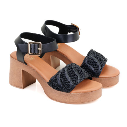 Kadın Siyah Hasır Topuklu Deri Sandalet Kadın Siyah Hasır Topuklu Deri Sandalet