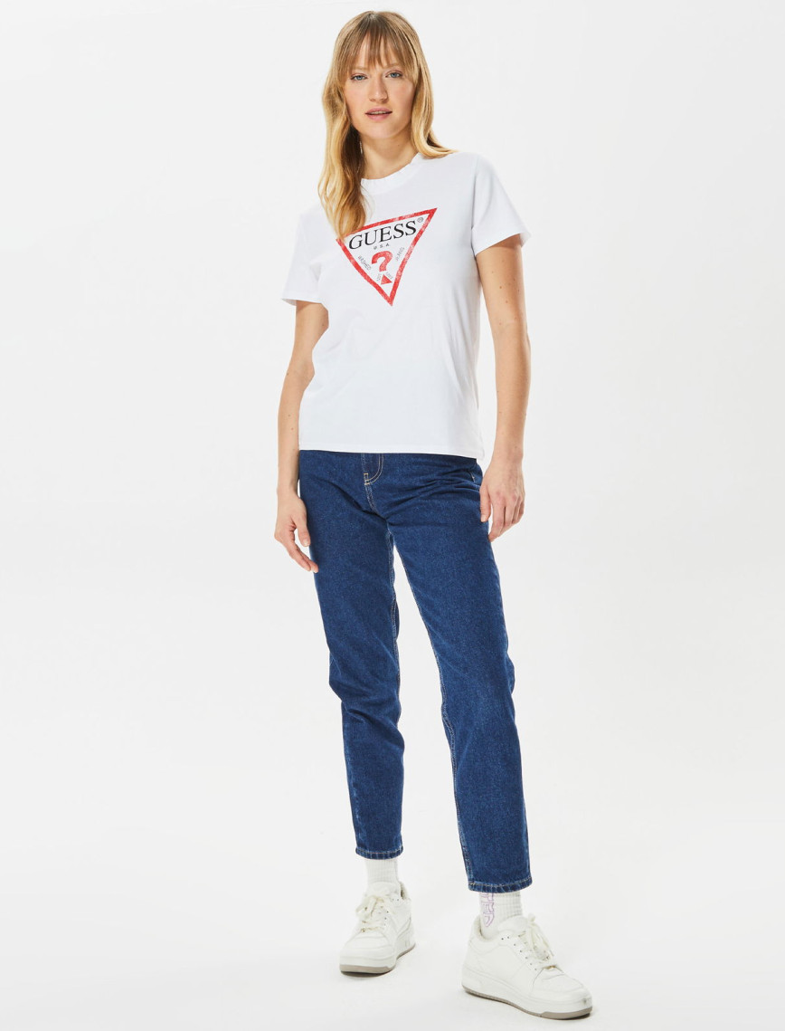 Guess Classic Fit Logo Kadın Beyaz T-Shirt