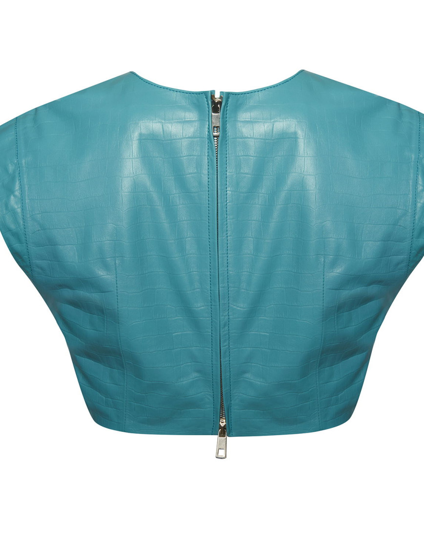 Luna Turkuaz Kadın Kroko Baskılı Deri Crop Top Luna Turkuaz Kadın Kroko Baskılı Deri Crop Top