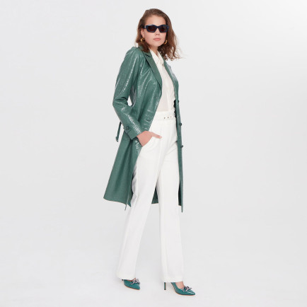 Briona Yeşil Kadın Kroko Baskılı Deri Trençkot Briona Yeşil Kadın Kroko Baskılı Deri Trençkot