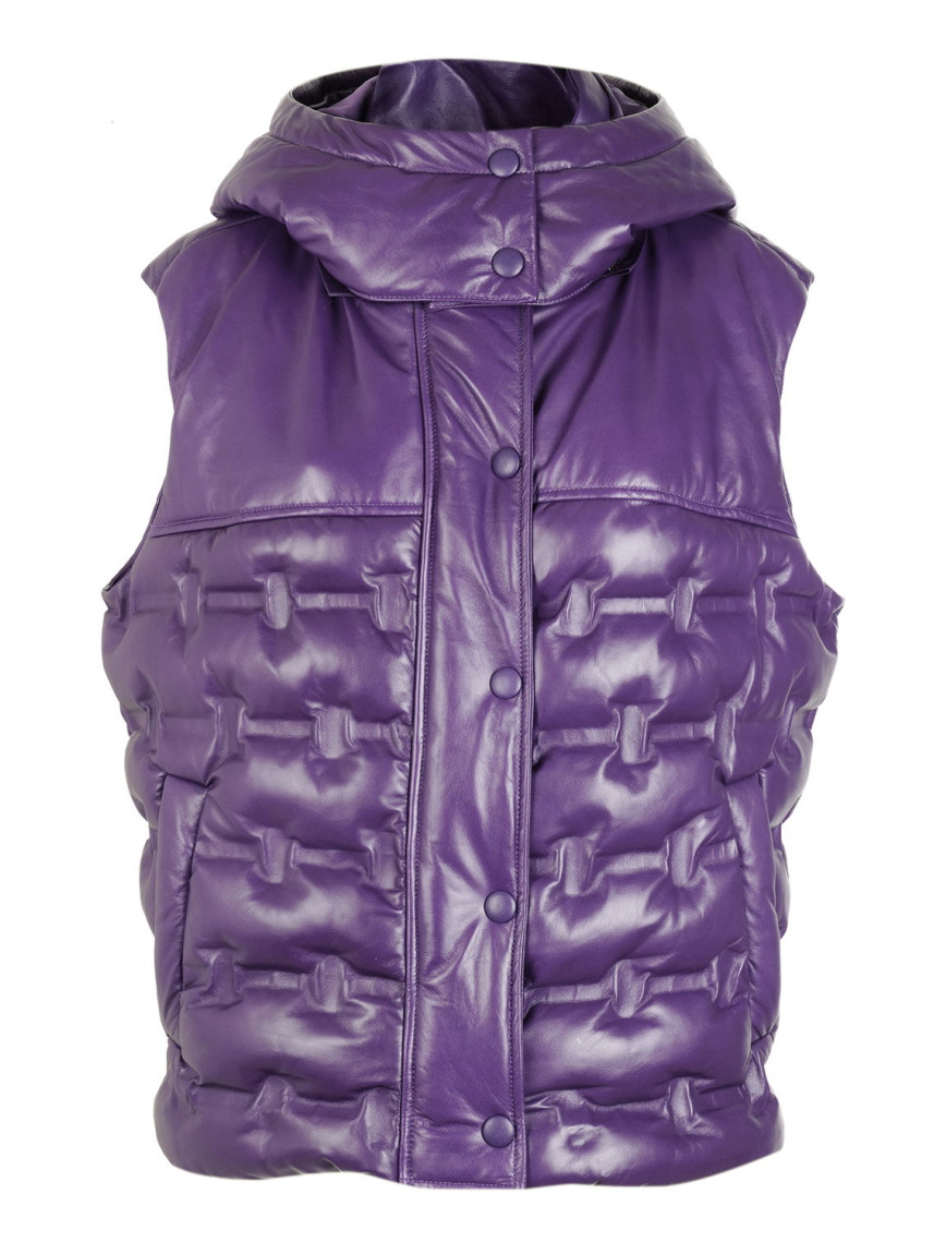 Anitra Mor Kadın Kapüşonlu Puffer Deri Yelek