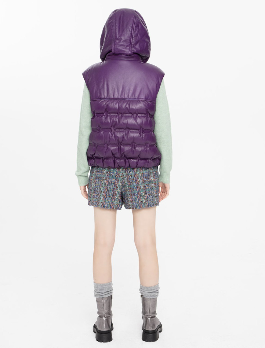 Anitra Mor Kadın Kapüşonlu Puffer Deri Yelek