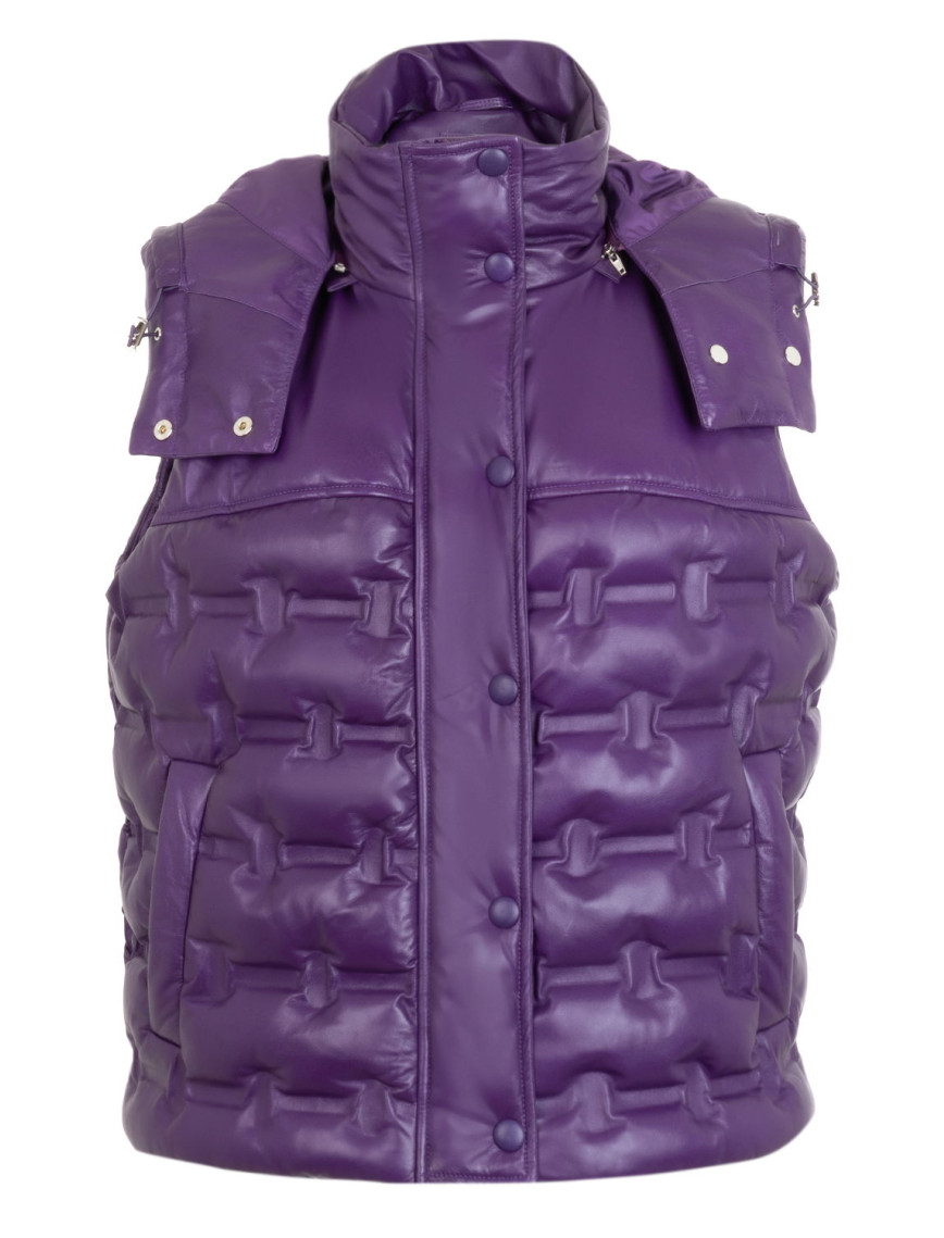 Anitra Mor Kadın Kapüşonlu Puffer Deri Yelek