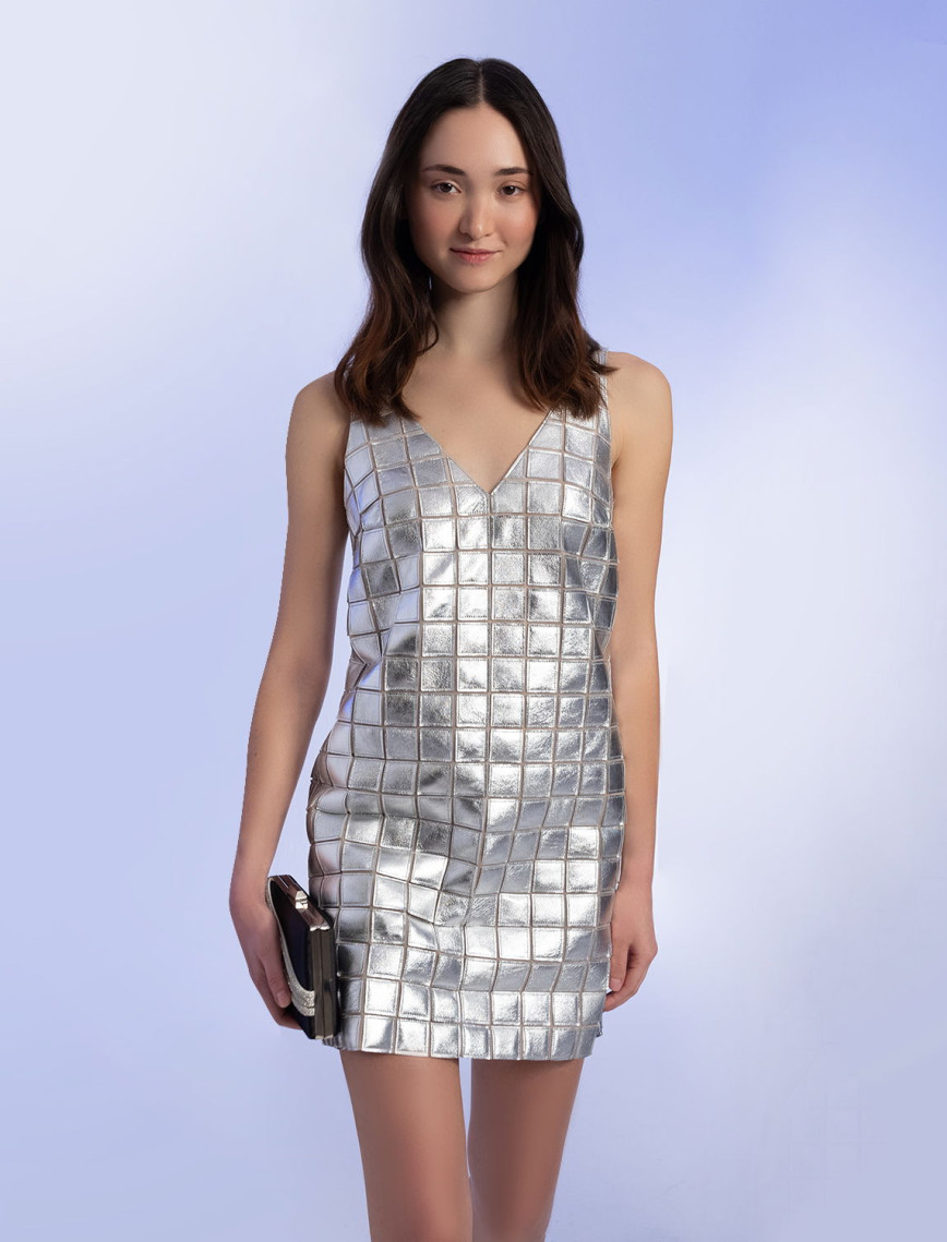 Selvaggia Gümüş Kadın Panelli Deri Elbise Selvaggia Gümüş Kadın Panelli Deri Elbise