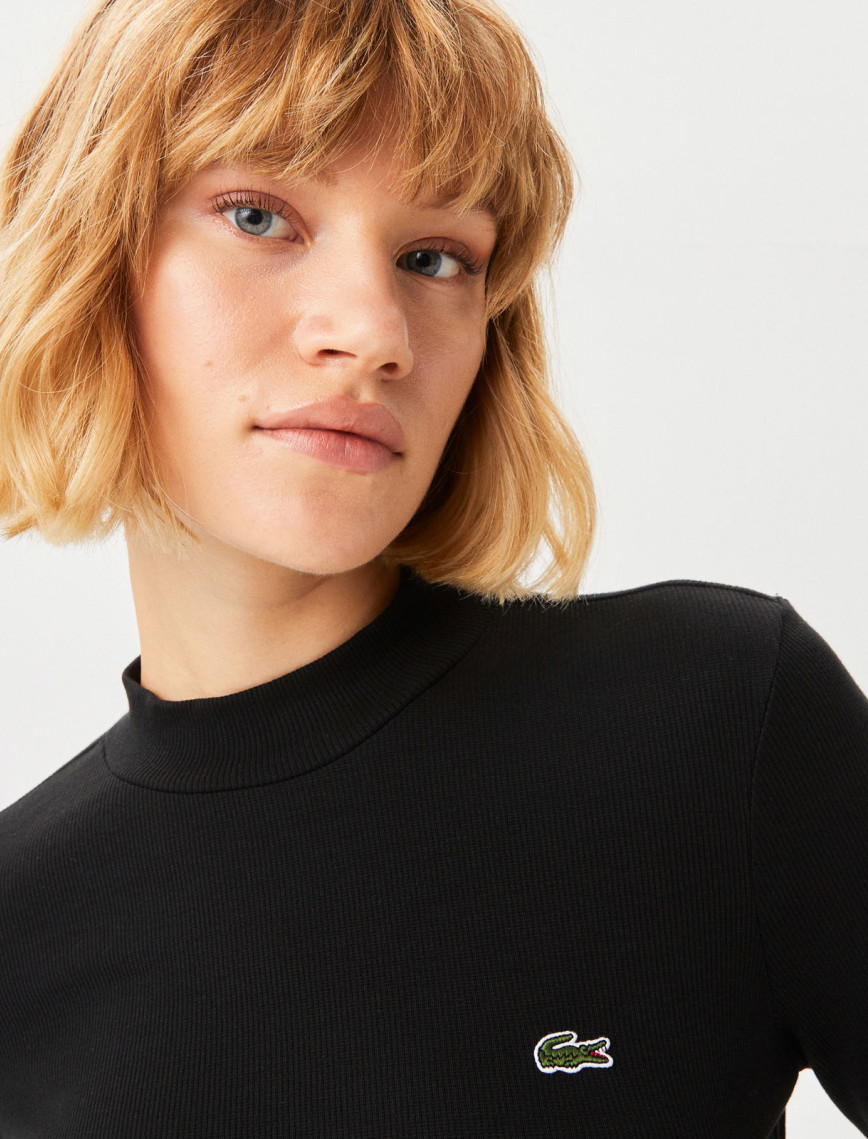 Lacoste Kadın Slim Fit Uzun Kollu Bisiklet Yaka Desenli Siyah T-Shirt Lacoste Kadın Slim Fit Uzun Kollu Bisiklet Yaka Desenli Siyah T-Shirt