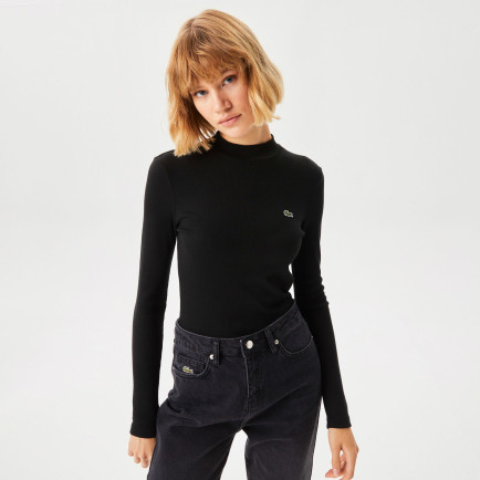 Lacoste Kadın Slim Fit Uzun Kollu Bisiklet Yaka Desenli Siyah T-Shirt Lacoste Kadın Slim Fit Uzun Kollu Bisiklet Yaka Desenli Siyah T-Shirt