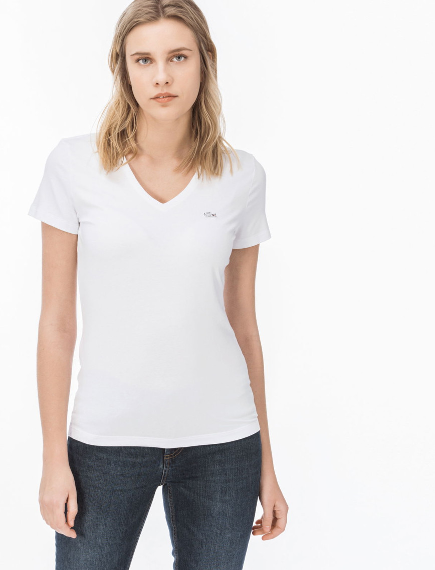 Lacoste Kadın Slim Fit V Yaka Lacivert T-Shirt Lacoste Kadın Slim Fit V Yaka Lacivert T-Shirt