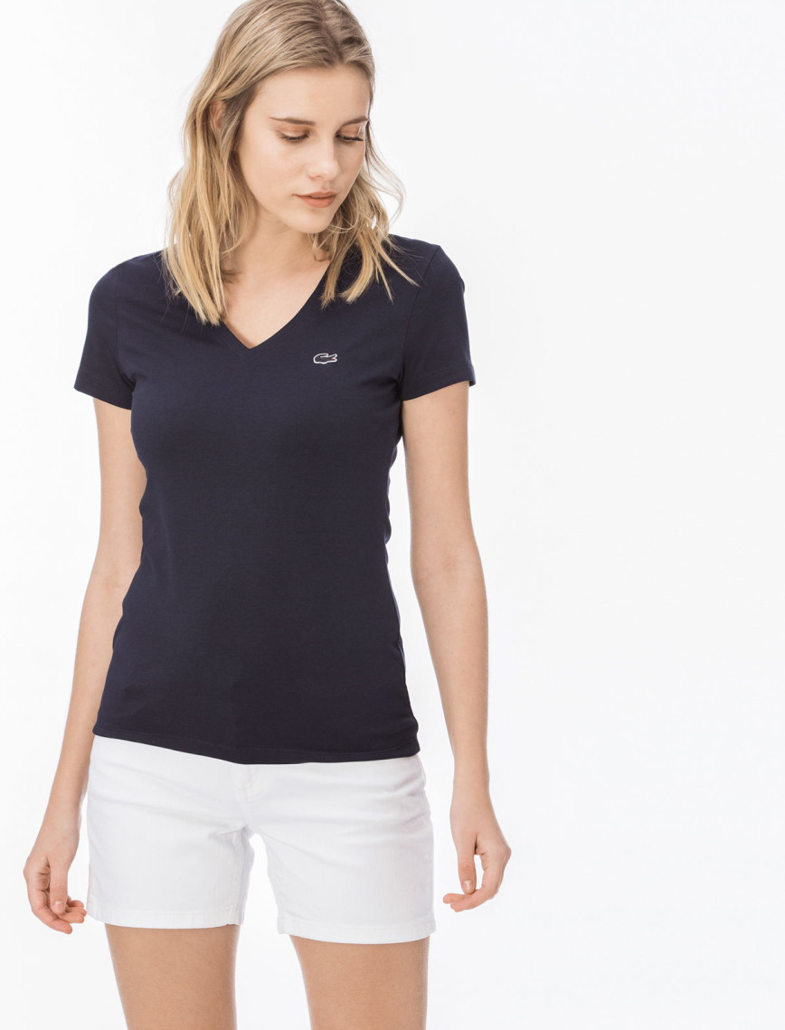 Lacoste Kadın Slim Fit V Yaka Lacivert T-Shirt Lacoste Kadın Slim Fit V Yaka Lacivert T-Shirt