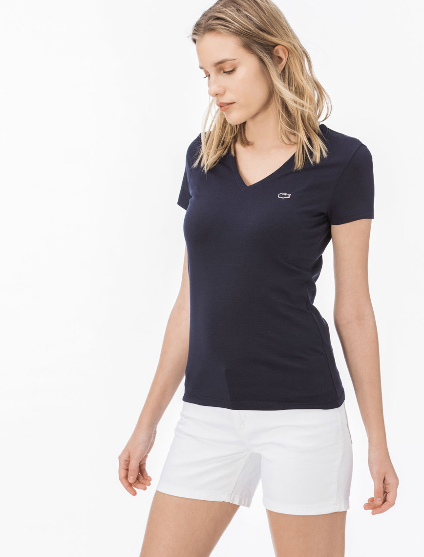 Lacoste Kadın Slim Fit V Yaka Lacivert T-Shirt Lacoste Kadın Slim Fit V Yaka Lacivert T-Shirt