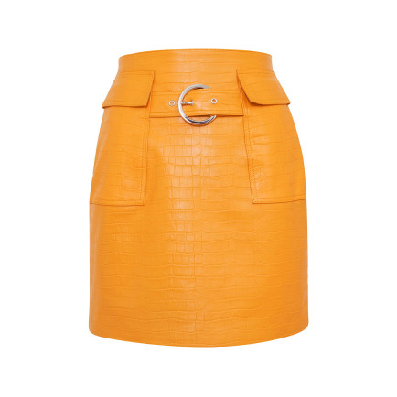 Gulielma Turuncu Kadın Kroko Baskılı Deri Mini Etek