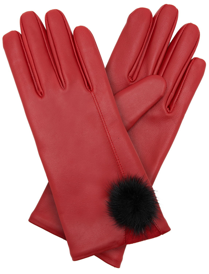 Kırmızı Kadın Kürk Detaylı Deri Eldiven