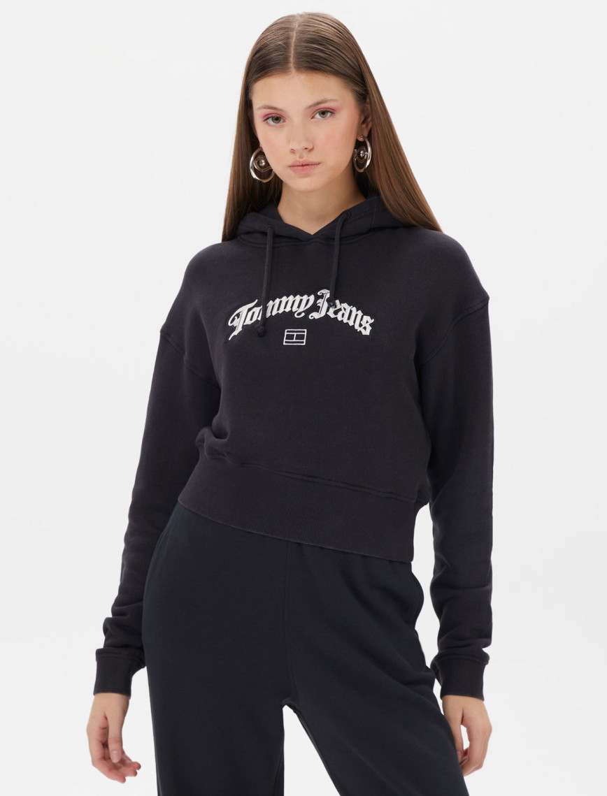 Tommy Hilfiger Crop Grunge Kadın Siyah Hoodie Tommy Hilfiger Crop Grunge Kadın Siyah Hoodie