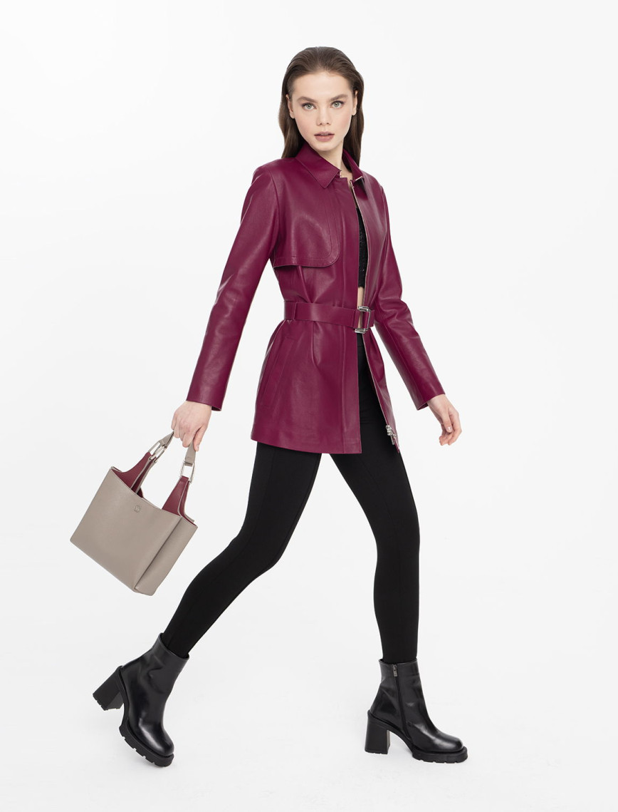 Kelly Bordo Kadın Deri Trençkot Kelly Bordo Kadın Deri Trençkot