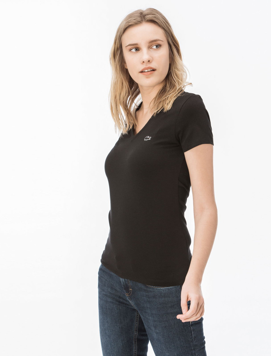 Lacoste Kadın Slim Fit V Yaka Siyah T-Shirt