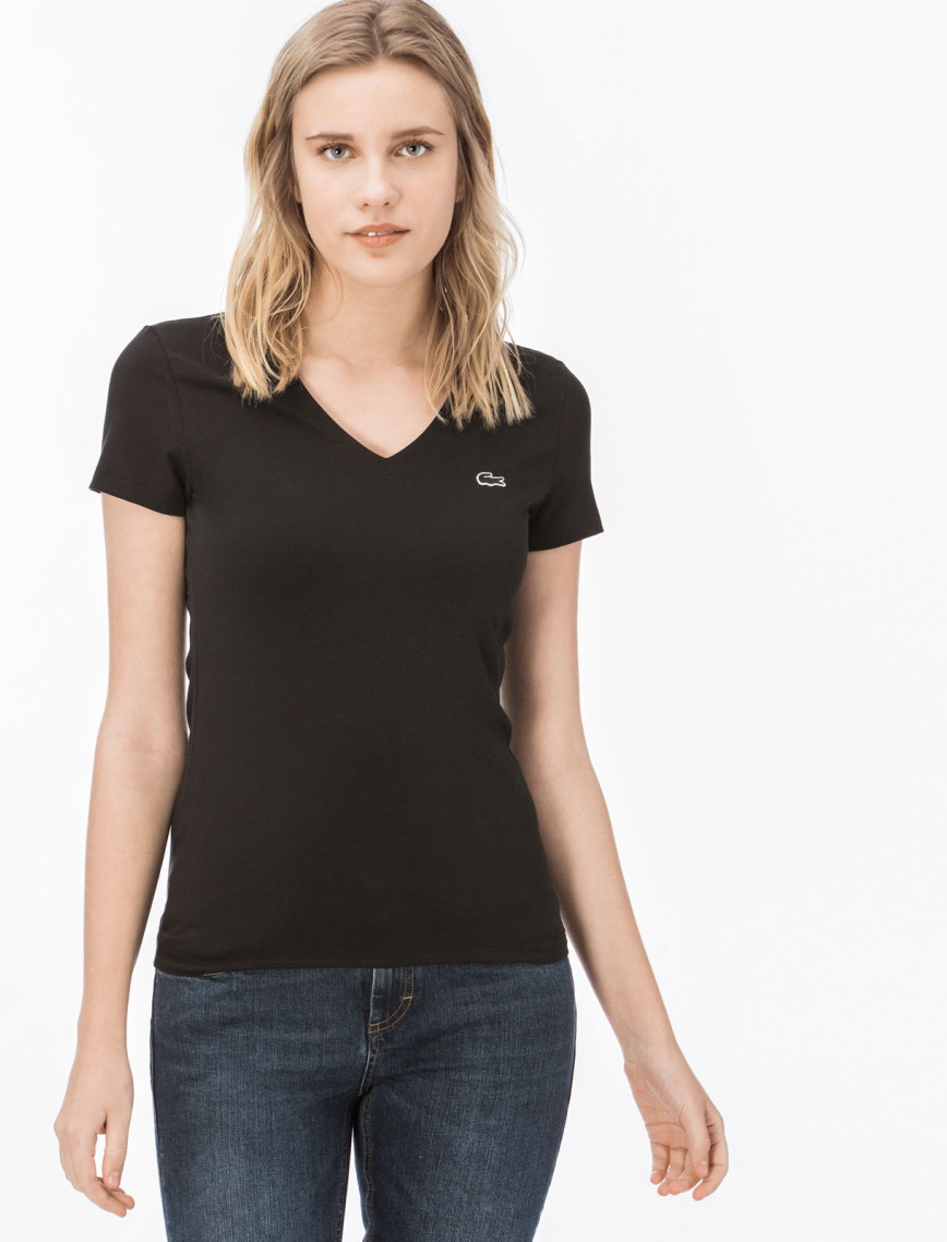 Lacoste Kadın Slim Fit V Yaka Lacivert T-Shirt Lacoste Kadın Slim Fit V Yaka Lacivert T-Shirt