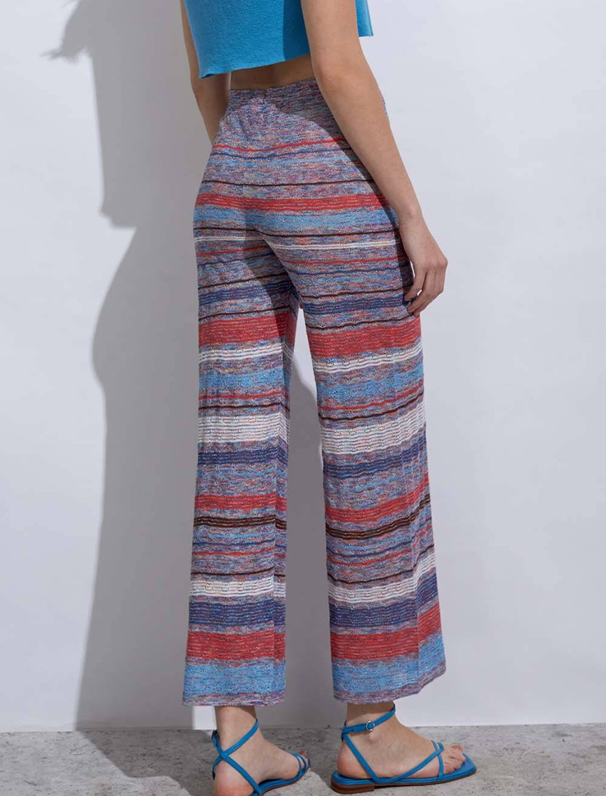 Knitss Çizgi Desenli Mavi Kırmızı Triko Pantolon Knitss Çizgi Desenli Mavi Kırmızı Triko Pantolon