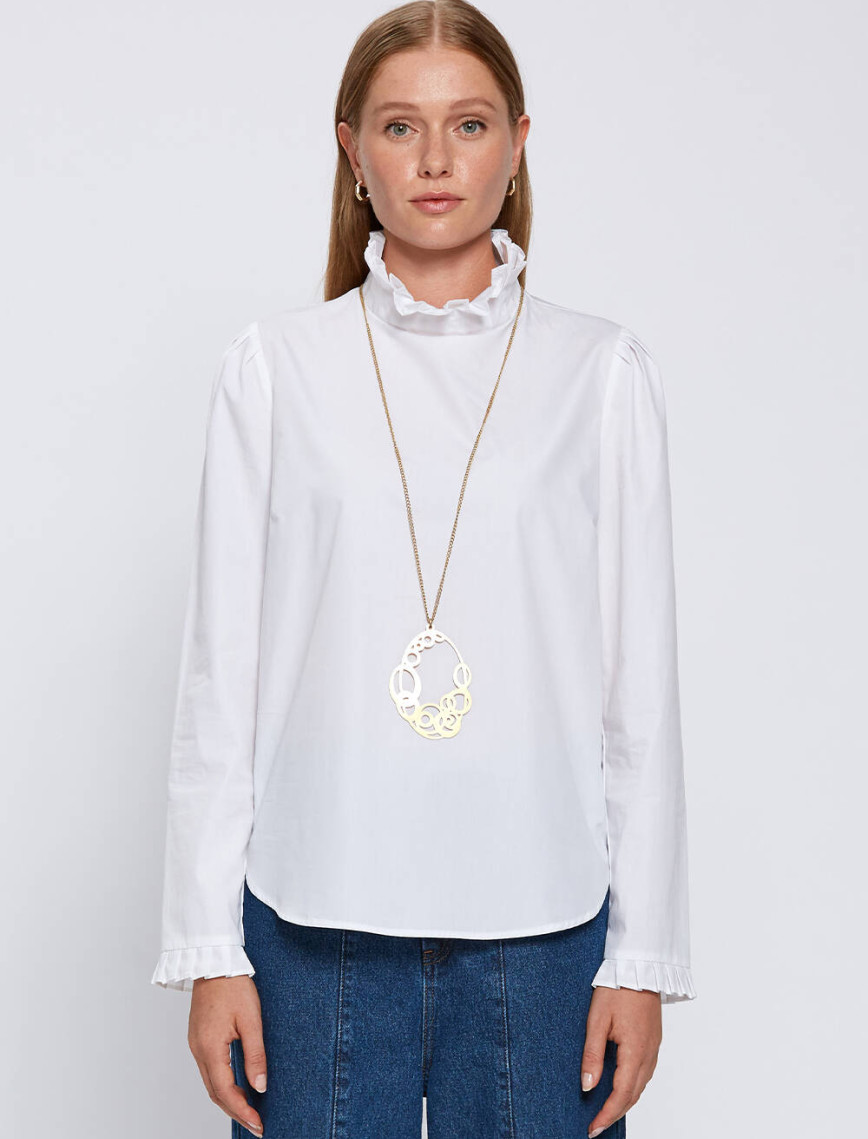 Knitss Fırfır Detaylı Beyaz Saf Pamuk Gömlek Knitss Fırfır Detaylı Beyaz Saf Pamuk Gömlek