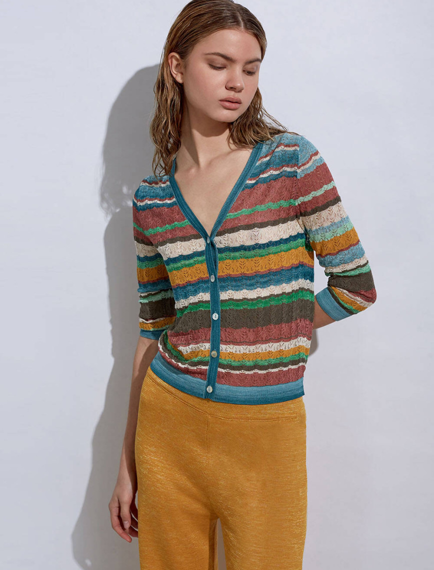 Knitss Çizgi Desenli Yeşil Triko Hırka Knitss Çizgi Desenli Yeşil Triko Hırka