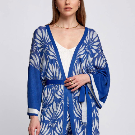 Knitss Floral Desenli Mavi-Beyaz Triko Kimono