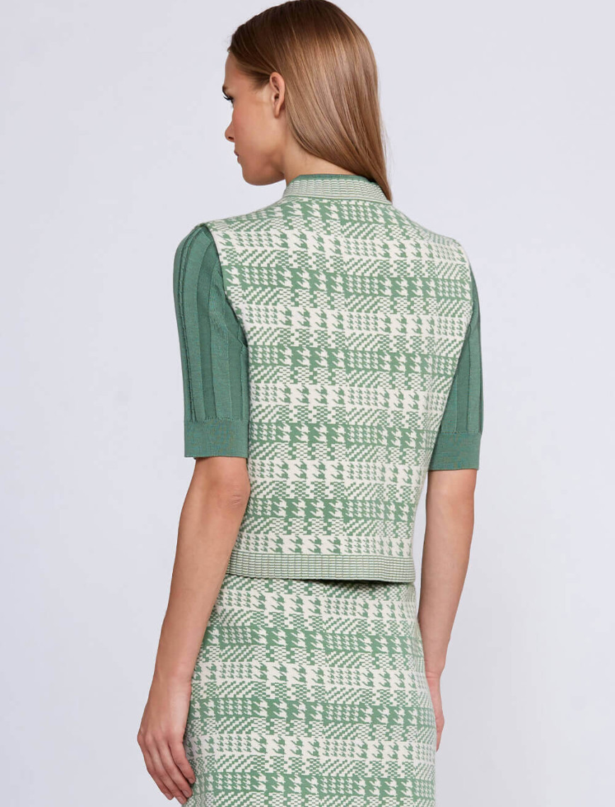 Knitss Geometrik Kaz Ayağı Desenli Yeşil Krem Triko Yelek Knitss Geometrik Kaz Ayağı Desenli Yeşil Krem Triko Yelek