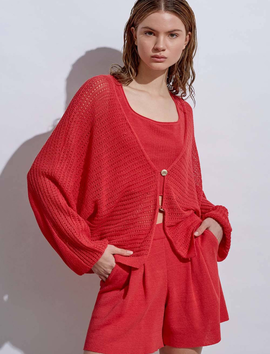 Knitss Deniz Kabuğu Düğmeli Mercan Keten Triko Hırka Knitss Deniz Kabuğu Düğmeli Mercan Keten Triko Hırka