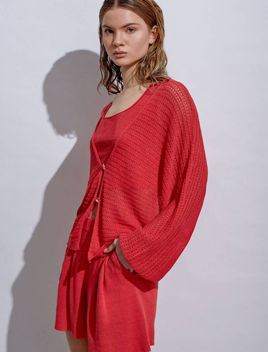 Knitss Deniz Kabuğu Düğmeli Mercan Keten Triko Hırka Knitss Deniz Kabuğu Düğmeli Mercan Keten Triko Hırka