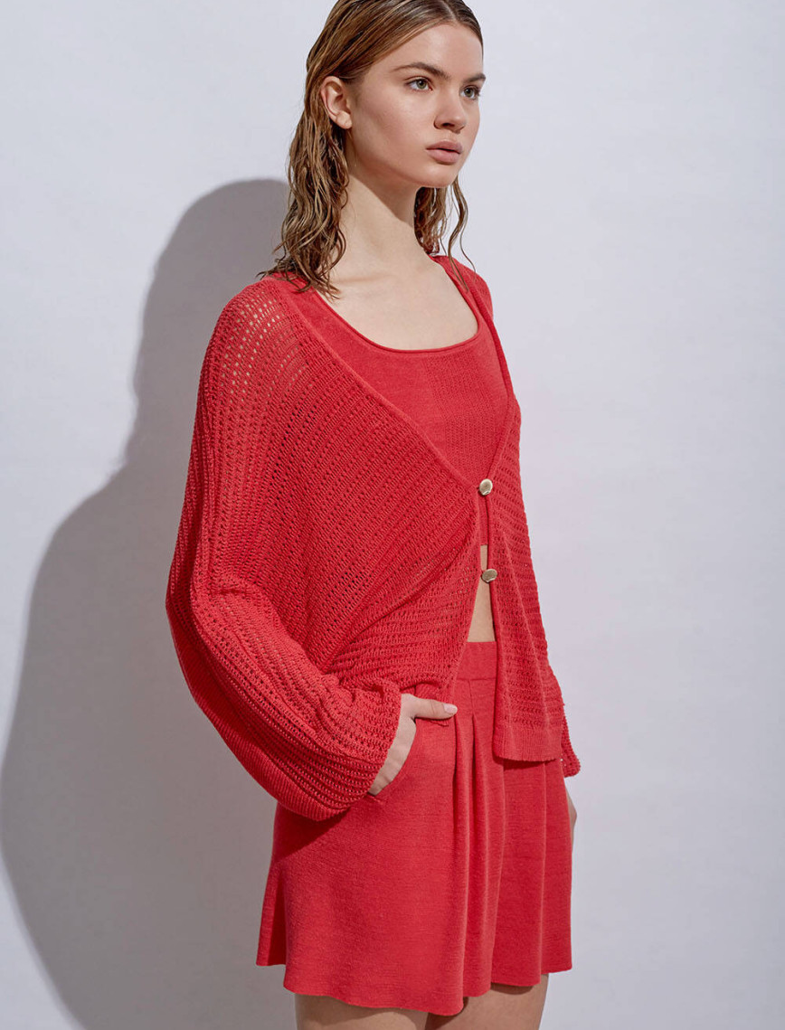 Knitss Deniz Kabuğu Düğmeli Mercan Keten Triko Hırka Knitss Deniz Kabuğu Düğmeli Mercan Keten Triko Hırka