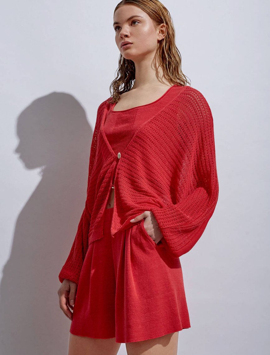 Knitss Deniz Kabuğu Düğmeli Mercan Keten Triko Hırka Knitss Deniz Kabuğu Düğmeli Mercan Keten Triko Hırka