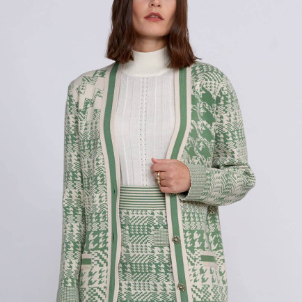 Knitss Geometrik Kaz Ayağı Desenli Yeşil Krem Triko Hırka