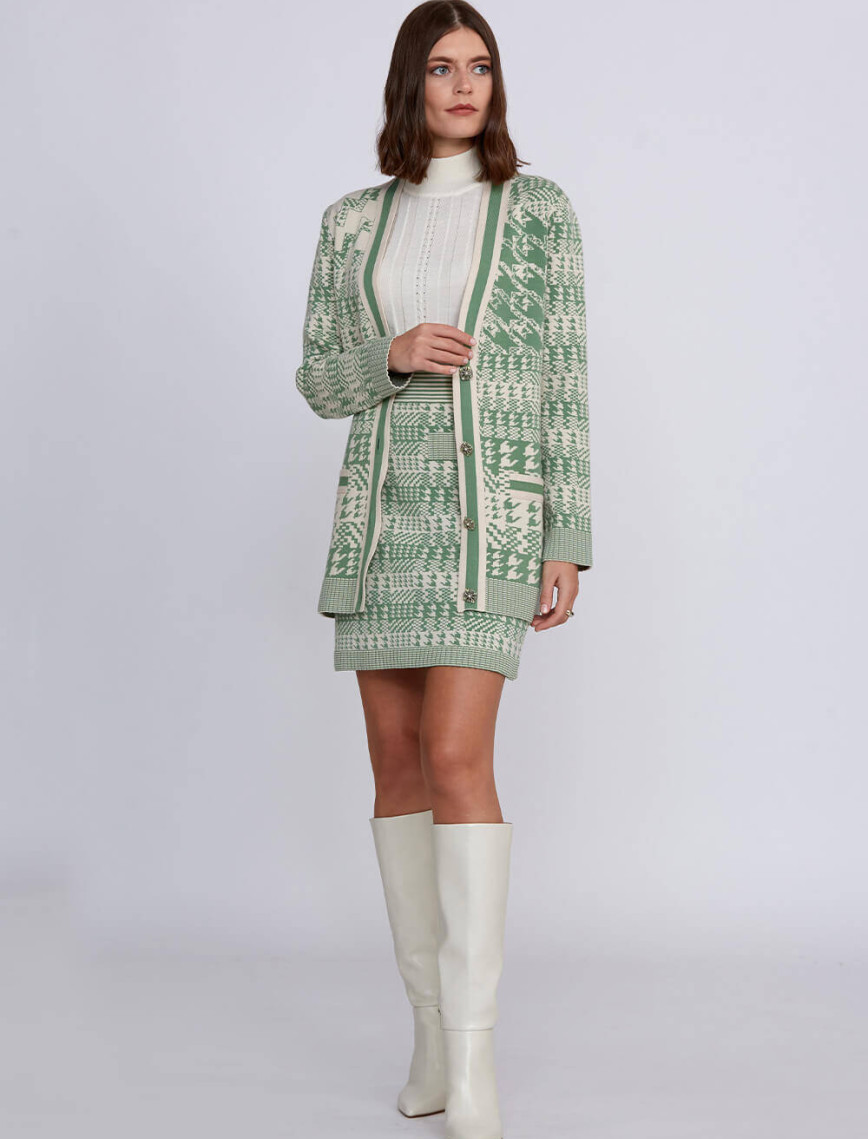 Knitss Geometrik Kaz Ayağı Desenli Yeşil Krem Triko Hırka Knitss Geometrik Kaz Ayağı Desenli Yeşil Krem Triko Hırka