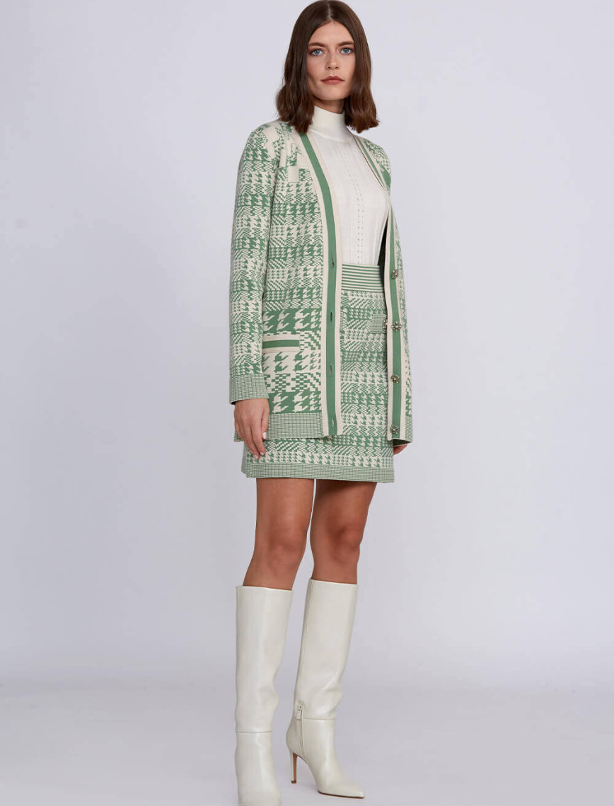 Knitss Geometrik Kaz Ayağı Desenli Yeşil Krem Triko Hırka Knitss Geometrik Kaz Ayağı Desenli Yeşil Krem Triko Hırka