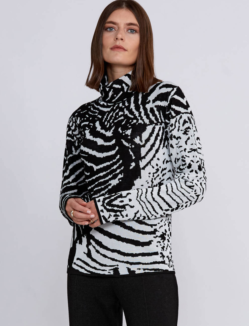 Knitss İntarsia Jakar Desenli Siyah Beyaz Triko Knitss İntarsia Jakar Desenli Siyah Beyaz Triko