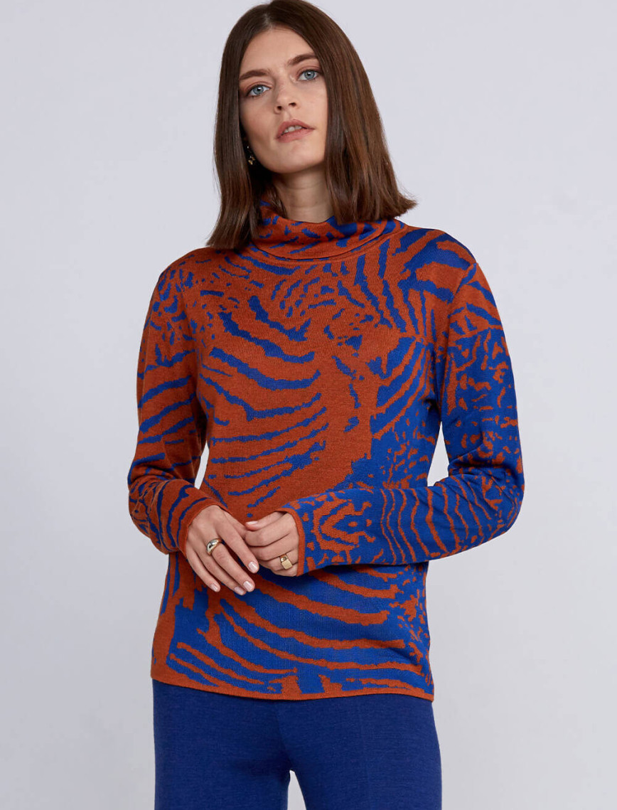 Knitss İntarsia Jakar Desenli Turuncu Mavi Triko Knitss İntarsia Jakar Desenli Turuncu Mavi Triko