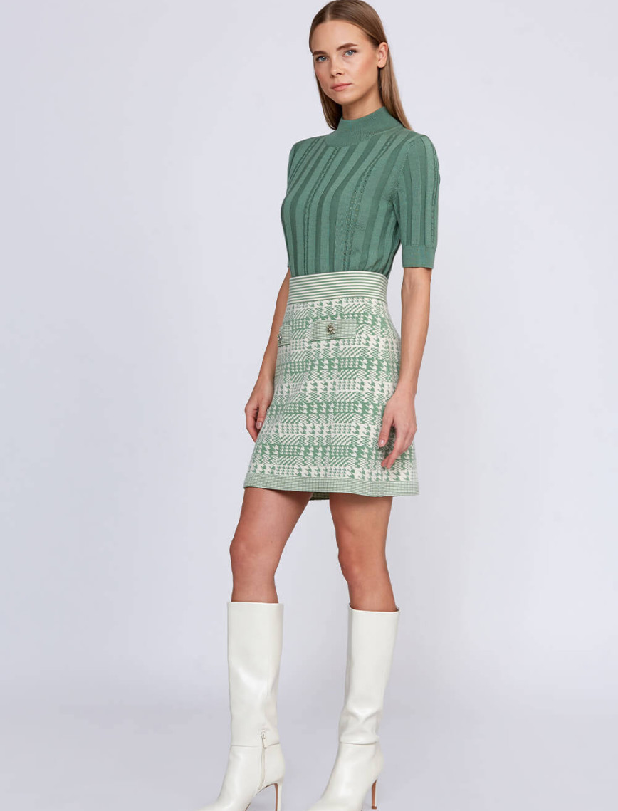 Knitss Geometrik Kaz Ayağı Desenli Yeşil Krem Triko Etek Knitss Geometrik Kaz Ayağı Desenli Yeşil Krem Triko Etek