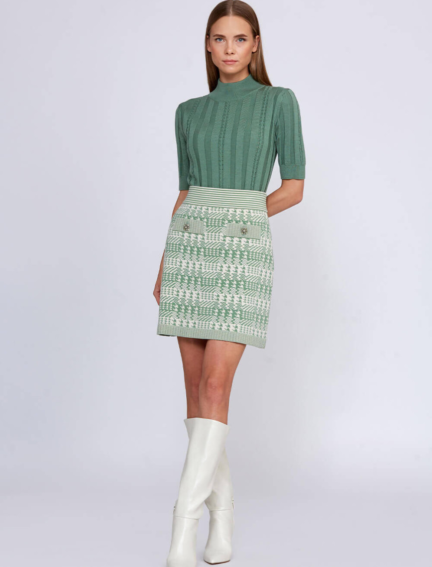 Knitss Geometrik Kaz Ayağı Desenli Yeşil Krem Triko Etek Knitss Geometrik Kaz Ayağı Desenli Yeşil Krem Triko Etek