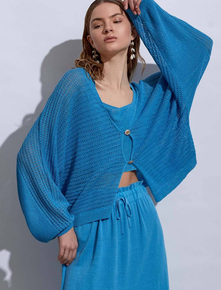 Knitss Deniz Kabuğu Düğmeli Mavi Keten Triko Hırka Knitss Deniz Kabuğu Düğmeli Mavi Keten Triko Hırka