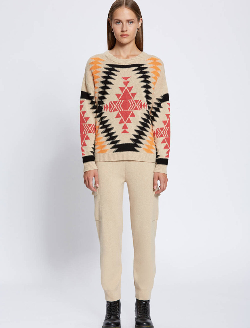 Knitss Etnik Desenli İntersia Bej Siyah Triko Knitss Etnik Desenli İntersia Bej Siyah Triko