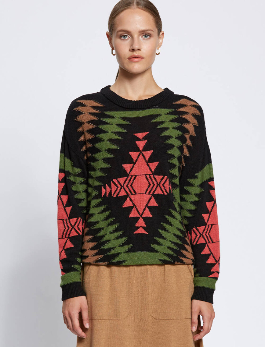 Knitss Etnik Desenli İntersia Siyah Yeşil Triko Knitss Etnik Desenli İntersia Siyah Yeşil Triko