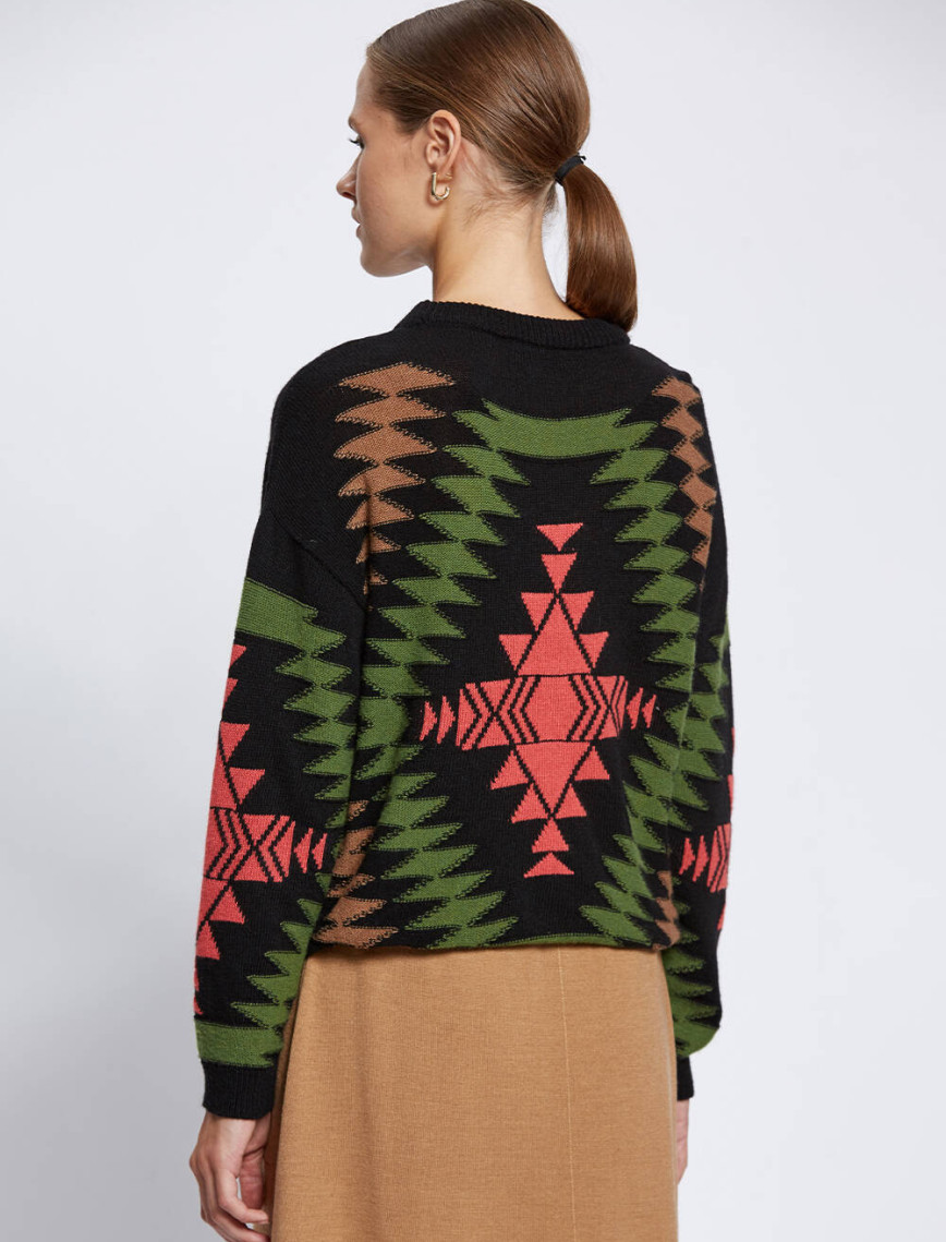 Knitss Etnik Desenli İntersia Siyah Yeşil Triko Knitss Etnik Desenli İntersia Siyah Yeşil Triko