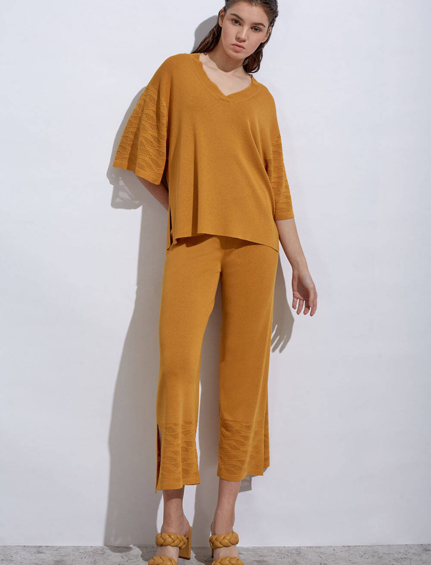 Knitss Örgü Detaylı Crop Sarı Triko Pantolon Knitss Örgü Detaylı Crop Sarı Triko Pantolon