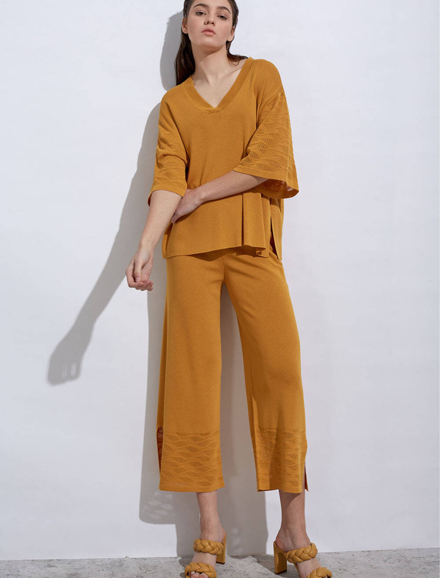 Knitss Örgü Detaylı Crop Sarı Triko Pantolon Knitss Örgü Detaylı Crop Sarı Triko Pantolon