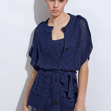 Knitss Örgü Detaylı Keten Lacivert Triko Hırka