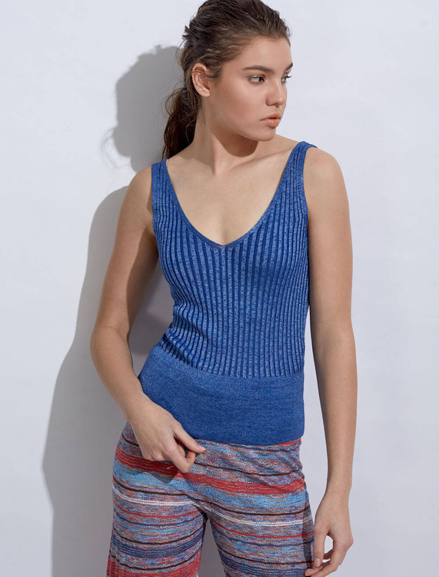 Knitss V Yaka Ribli Mavi Triko Üst Knitss V Yaka Ribli Mavi Triko Üst