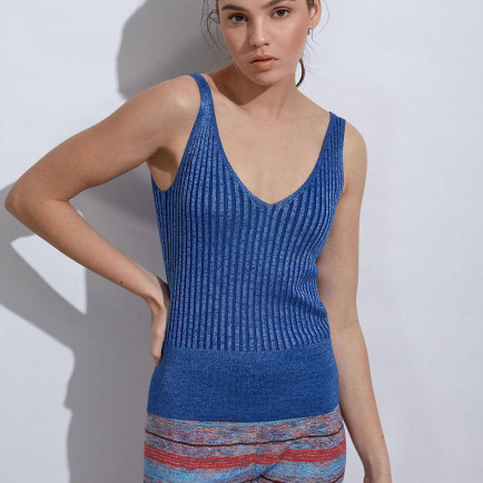 Knitss V Yaka Ribli Mavi Triko Üst