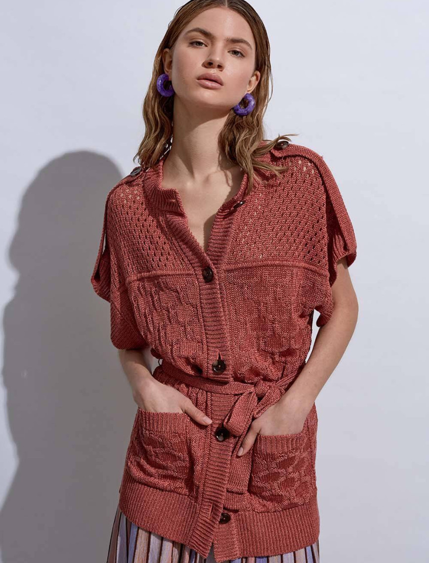 Knitss Örgü Detaylı Keten Pembe Triko Hırka Knitss Örgü Detaylı Keten Pembe Triko Hırka