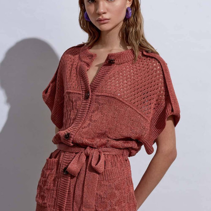 Knitss Örgü Detaylı Keten Pembe Triko Hırka